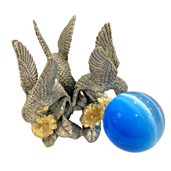 Blue Glass Crystal Ball Paperweight Silver & Gold Metal Hummingbird Orb Holder - Picture 4 of 10